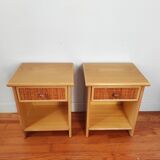 Pair of vintage bedside tables in wood and rattan.