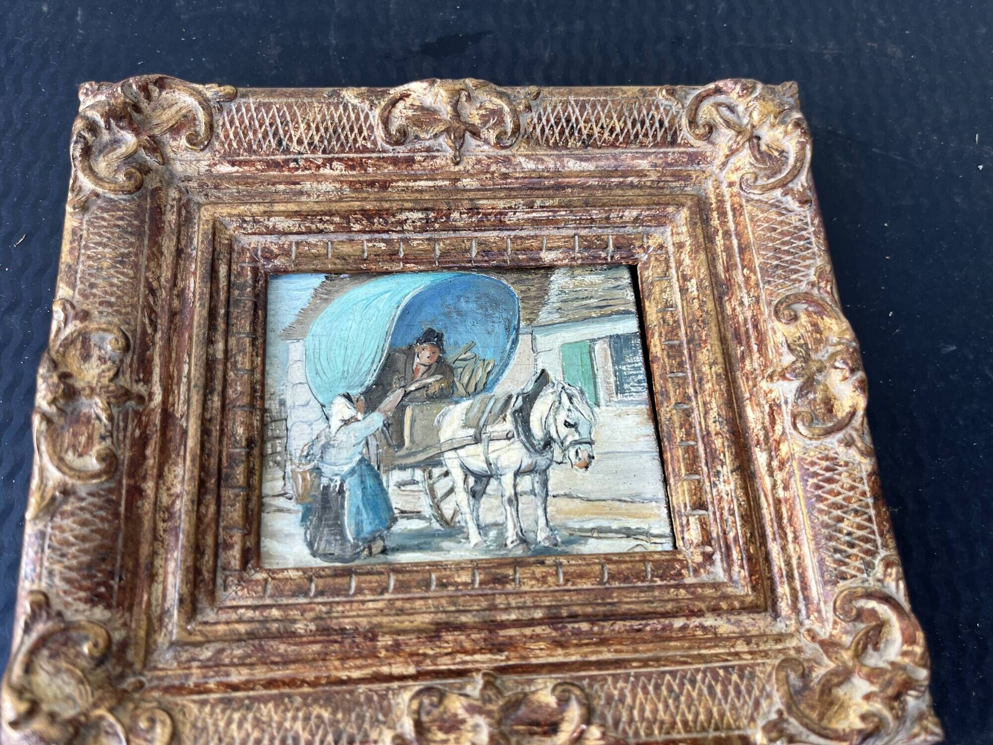 Small antique painting signed Daniel Rouvière – Village scene with horses
