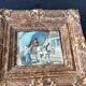 Small antique painting signed Daniel Rouvière – Village scene with horses