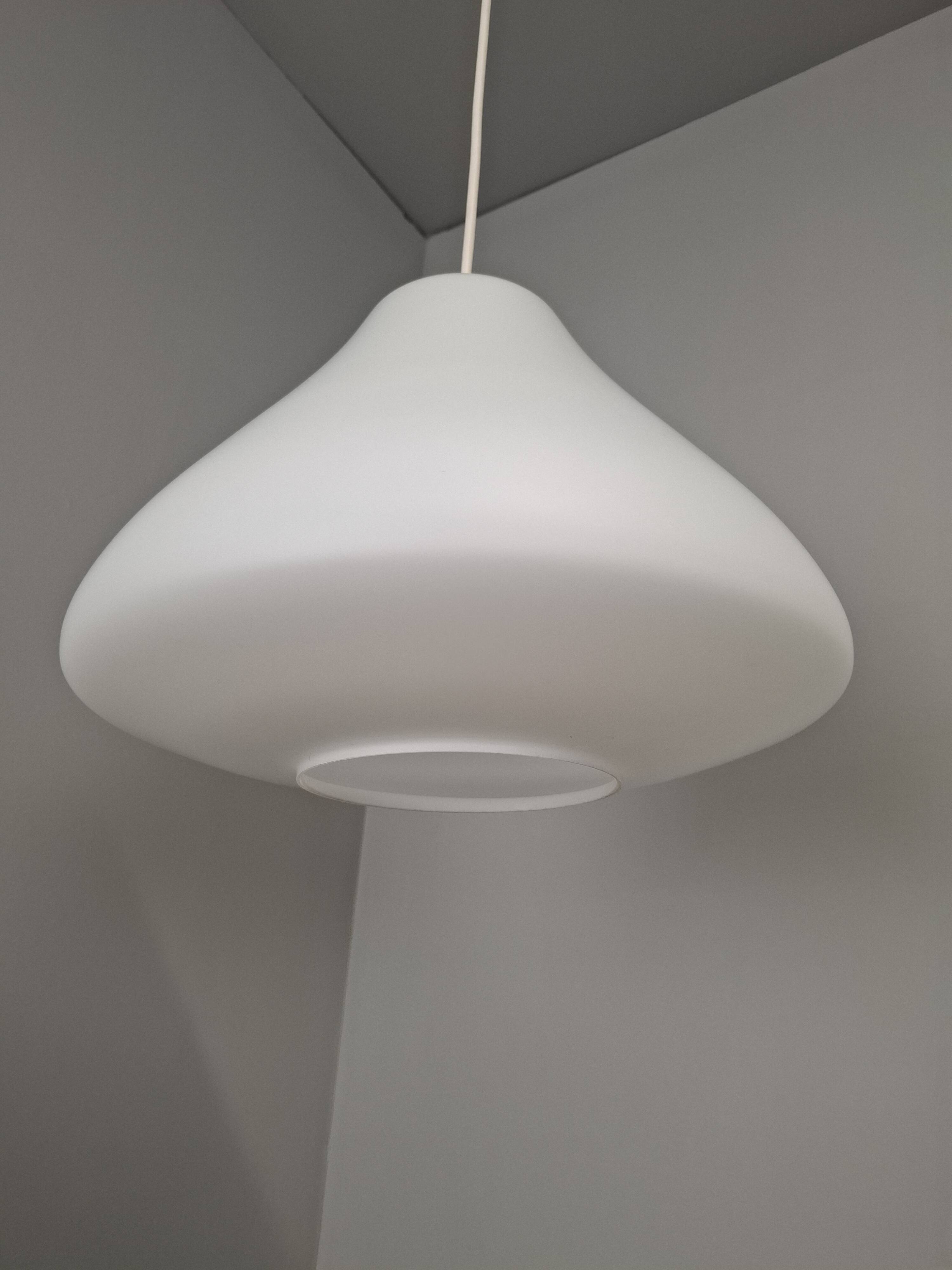 Czechoslovak Midcentury Modern Pendant Light in Opaline Glass and Plastic,