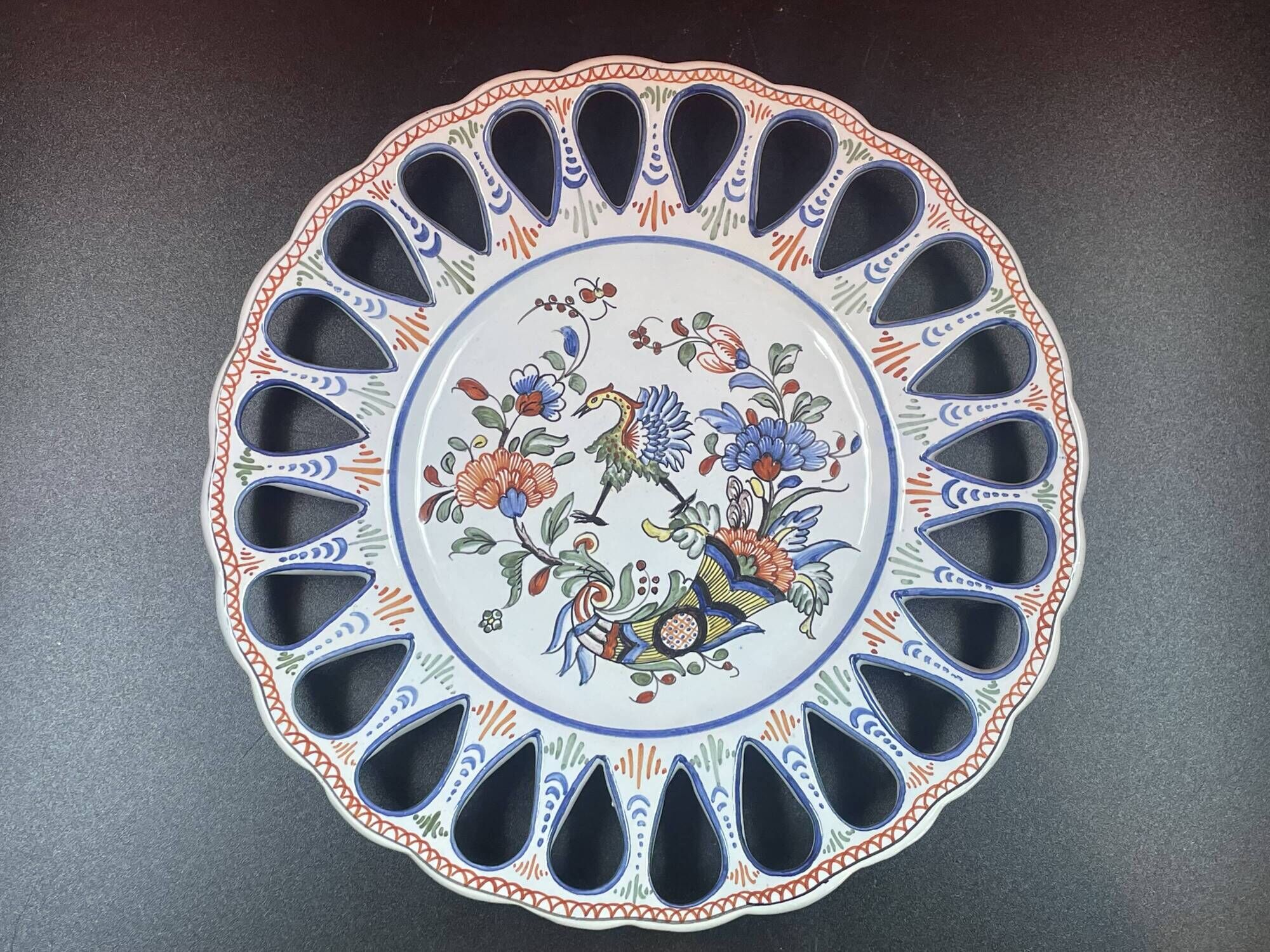 Openwork Dish in Desvres Earthenware, Rouen Cornucopia Flower Decor, 27.5 cm