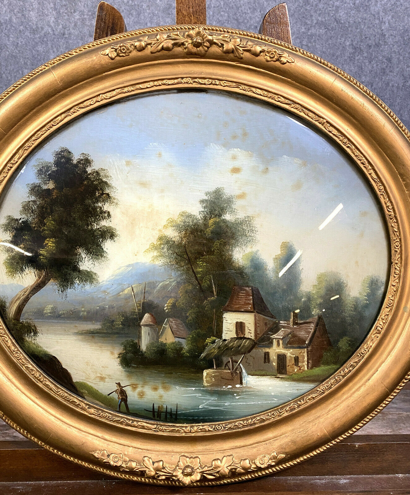 fixed under glass has oval view louis era Philip around 1830 animated lakescape