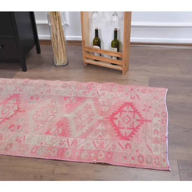 1970s Turkish Hand-Knotted Wool Cotton Pink Runner 88x334