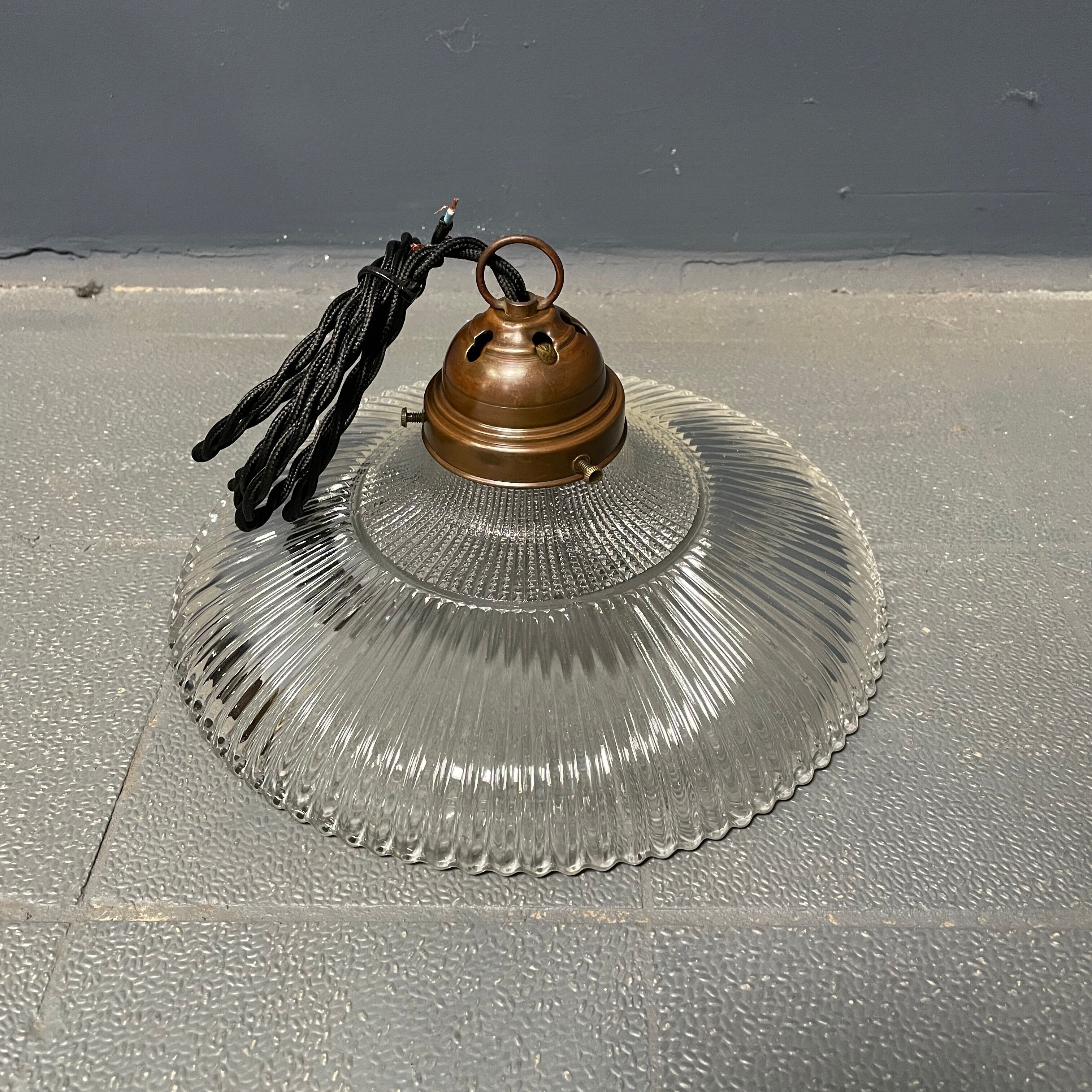 Glass holophane hangingor pendant lamp with brass gallery