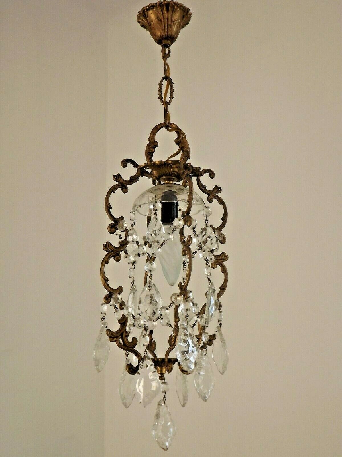 French antique small brass crystal & glass single light cage chandelier 3277