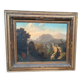 Grande peinture à l'huile sur toile d'une vue de Salzbourg du 19ème siècle