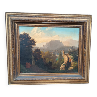 Grande peinture à l'huile sur toile d'une vue de Salzbourg du 19ème siècle
