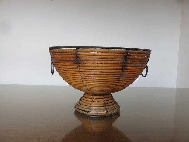 Standing fruit basket in rattan and black lacquered metal 1970