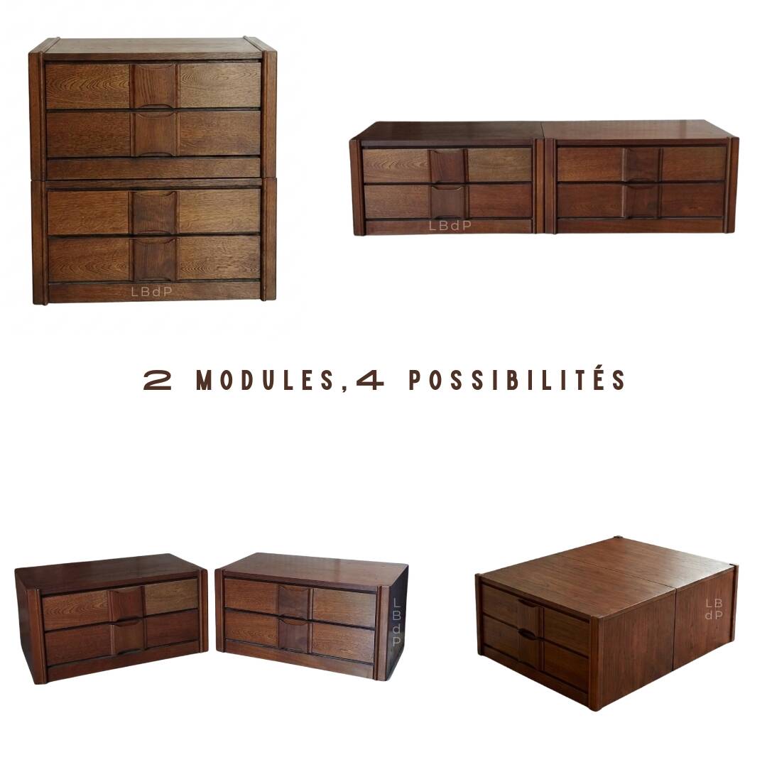 Pair of vintage Scandinavian design modules, bedside table, chest of drawers, sideboard, table.