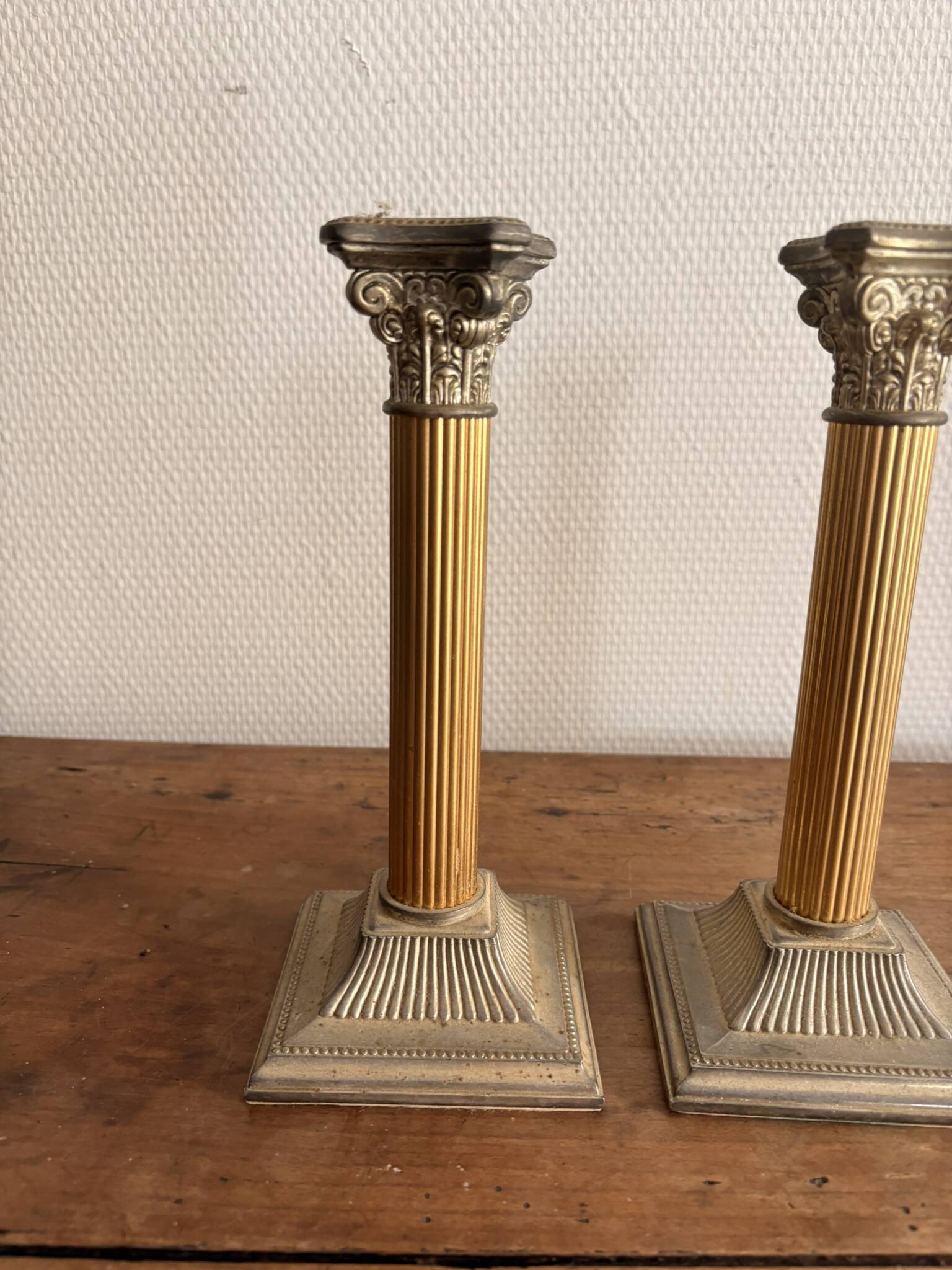 Pair of Silver Metal Candle Holders Neo-Classical Fluted Corinthian Column