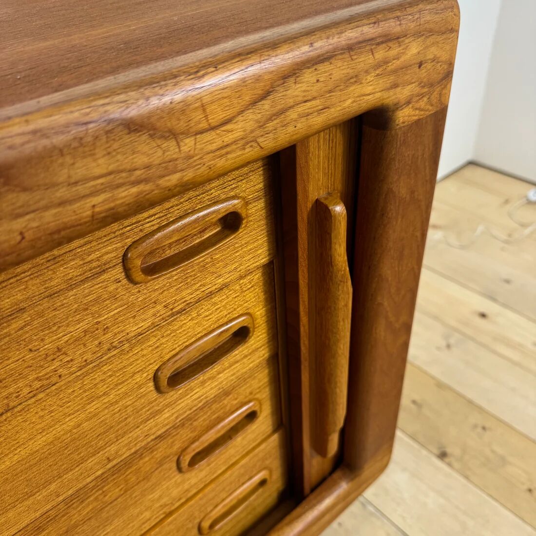 Dyrlund buffet in teak with sliding doors and interior drawers, Denmark 1960.