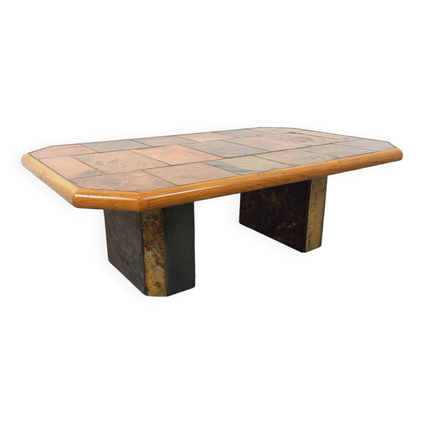 Table basse brutaliste vintage en pierre et chêne des années 70 80
