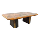 Vintage Brutalist Stone and Oak Coffee Table from the 70s 80s