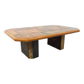 Table basse brutaliste vintage en pierre et chêne des années 70 80