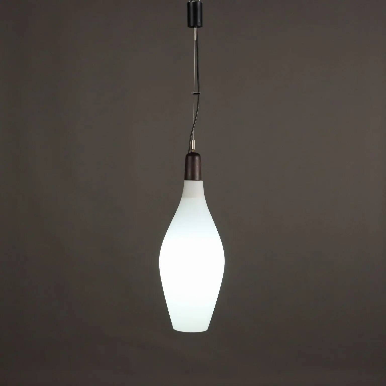 Vintage opaline glass and teak suspension, Italy, 1960s.