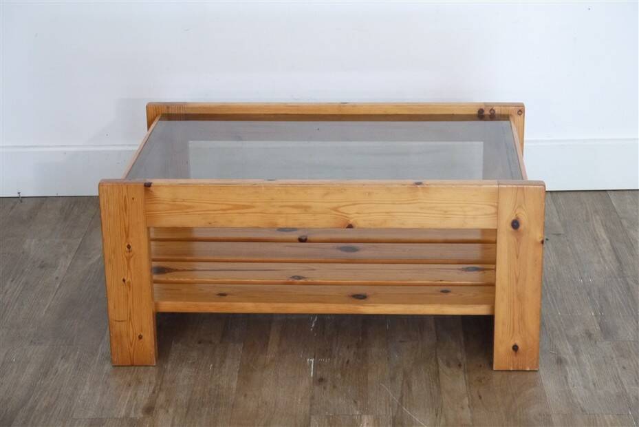 1970s pine and glass coffee table