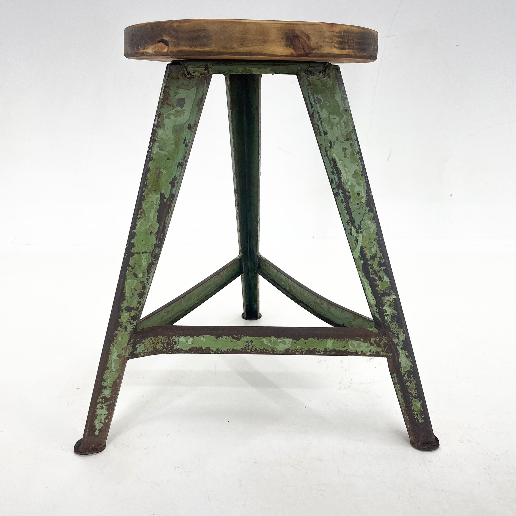Vintage Industrial Steel & Wood Tripod Stool with Original Patina, 1950's