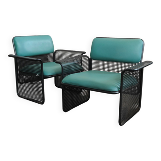 Pair of Talin Vicenza green skai armchairs 1970