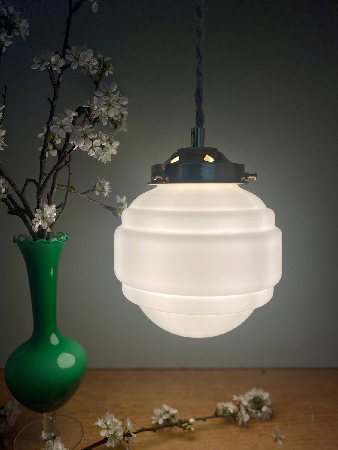 Vintage globe pendant light in white opaline