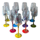 Champagne coupes in glass, multicoloured stems.
