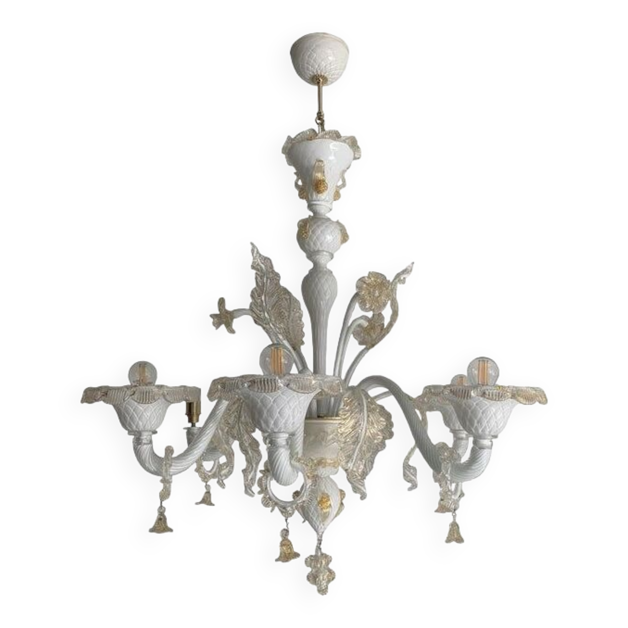 Lustre en verre de Murano laiteux et doré avec fleurs et feuilles