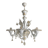 Milky and Gold Murano Glass Chandelier With Flowers and Leaves