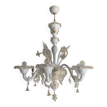 Milky and Gold Murano Glass Chandelier With Flowers and Leaves