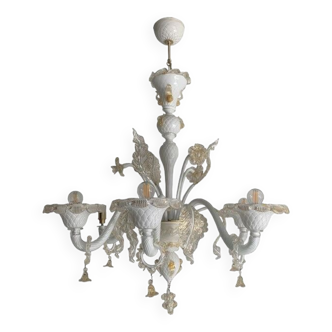 Milky and Gold Murano Glass Chandelier With Flowers and Leaves