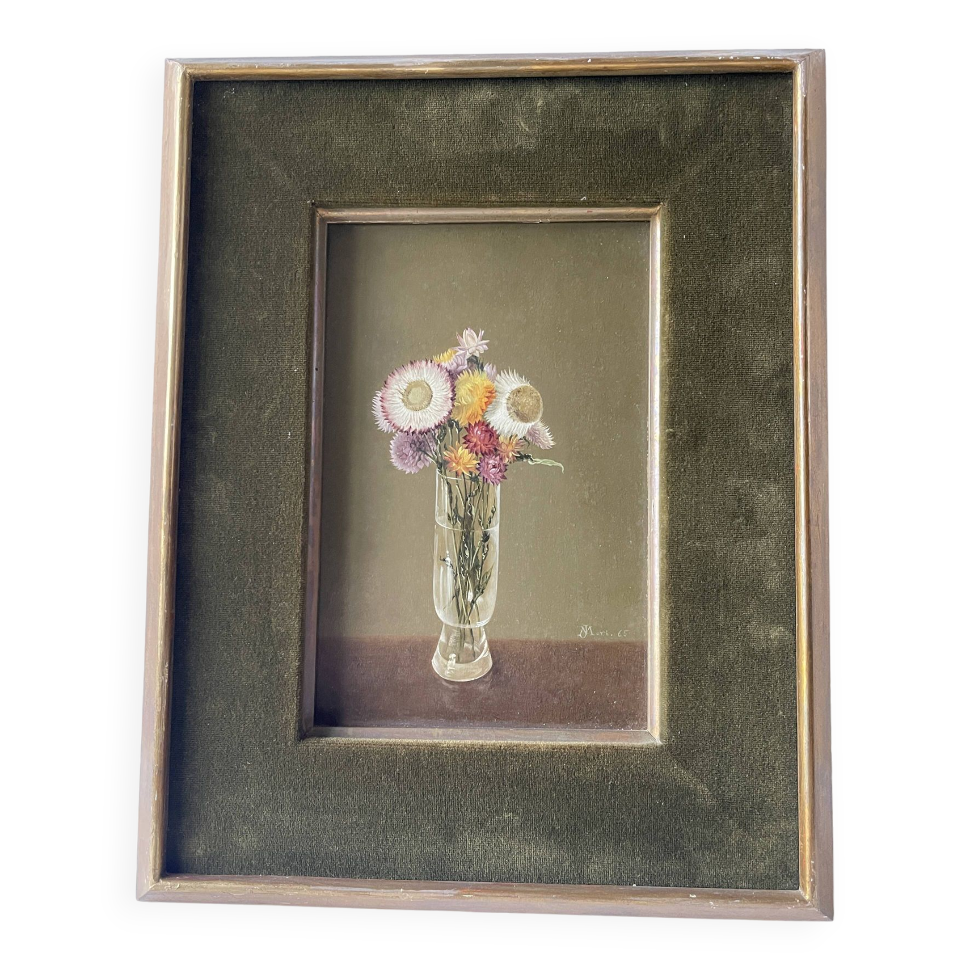 Still life oil on panel vase with immortelles