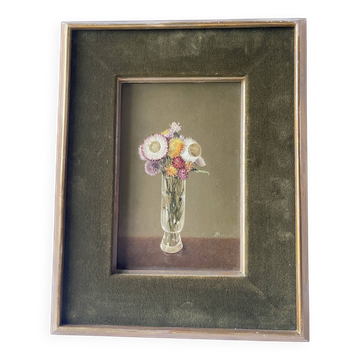 Still life oil on panel vase with immortelles