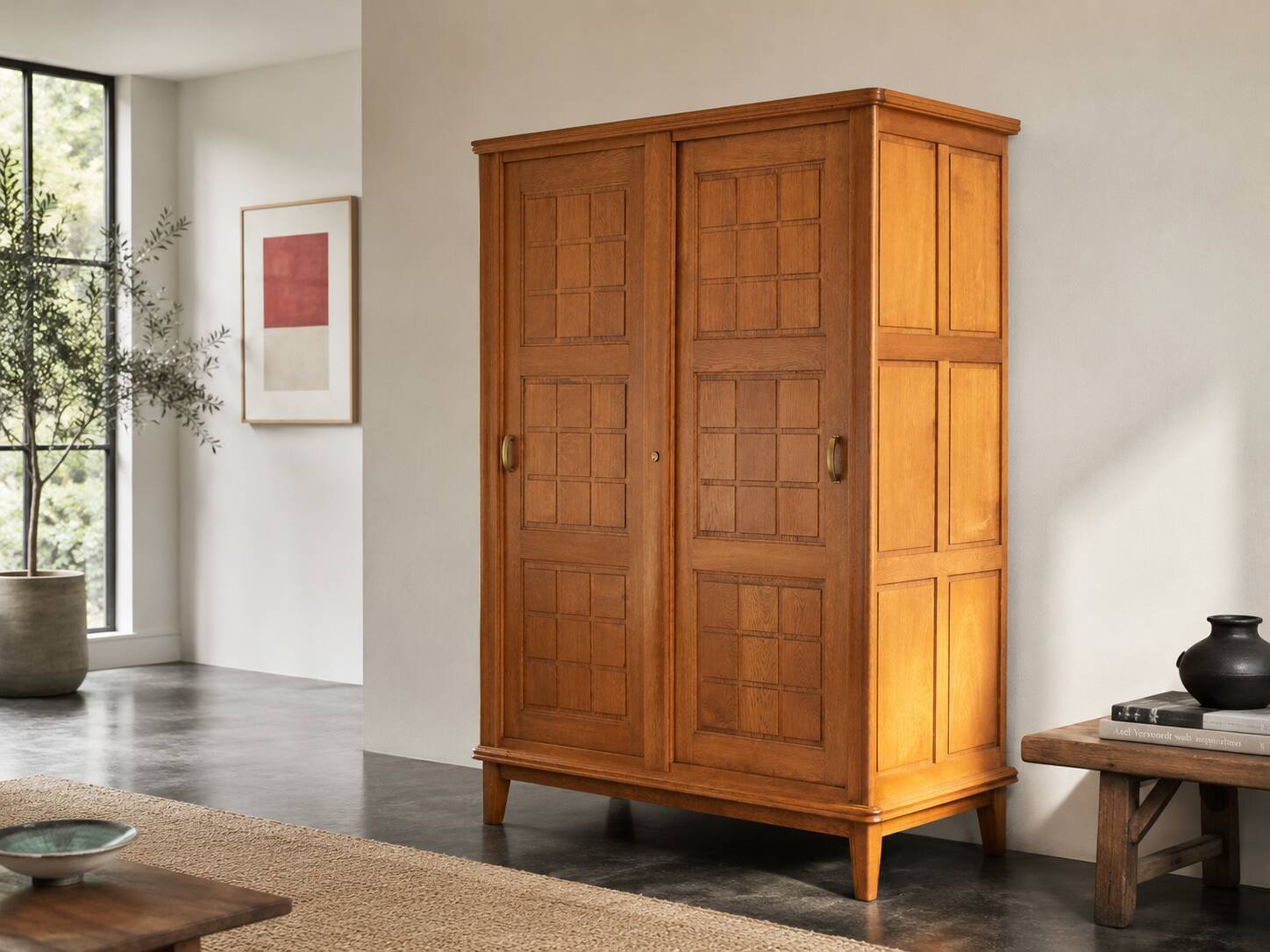 Vintage wooden wardrobe with sliding doors