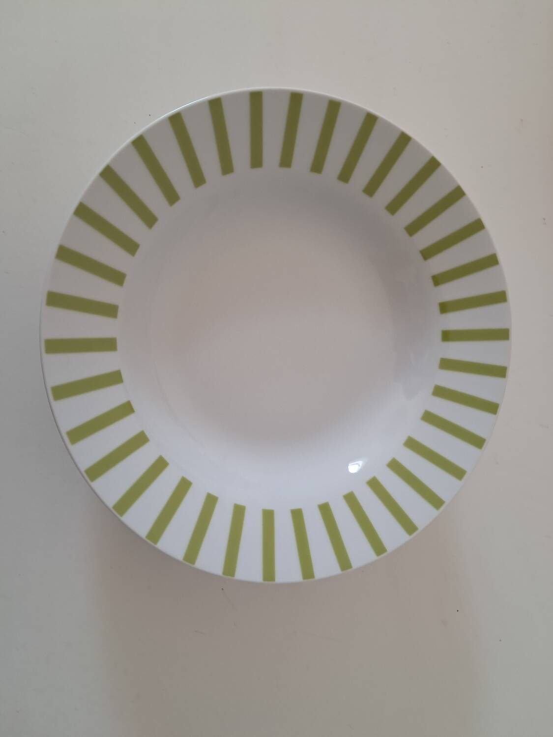 Almond green striped soup plates