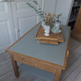 Coffee table made from a desk of the 40s, tray and green shelf