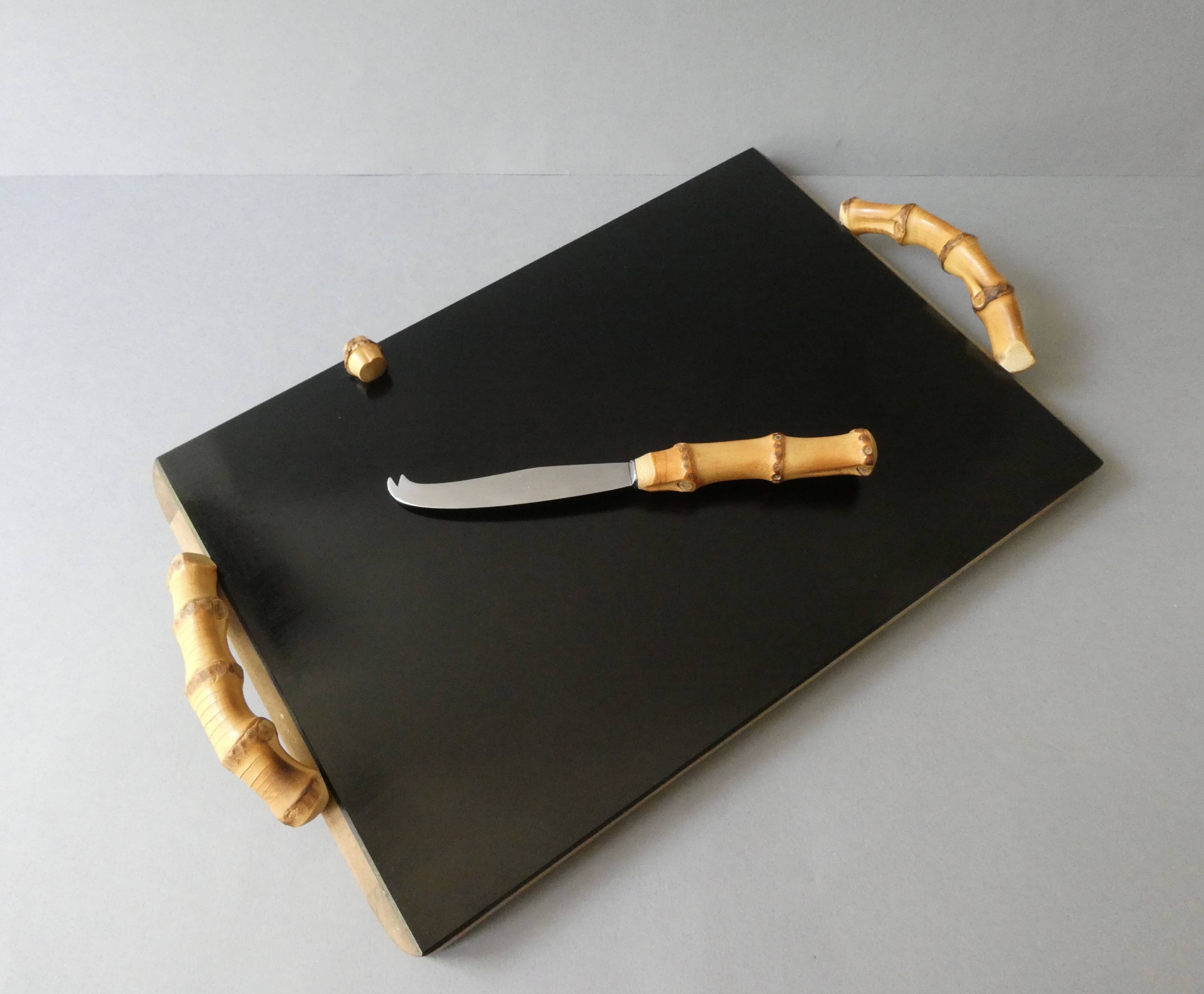 Wooden cheese board, bamboo handles, signed