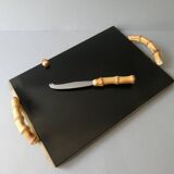 Wooden cheese board, bamboo handles, signed