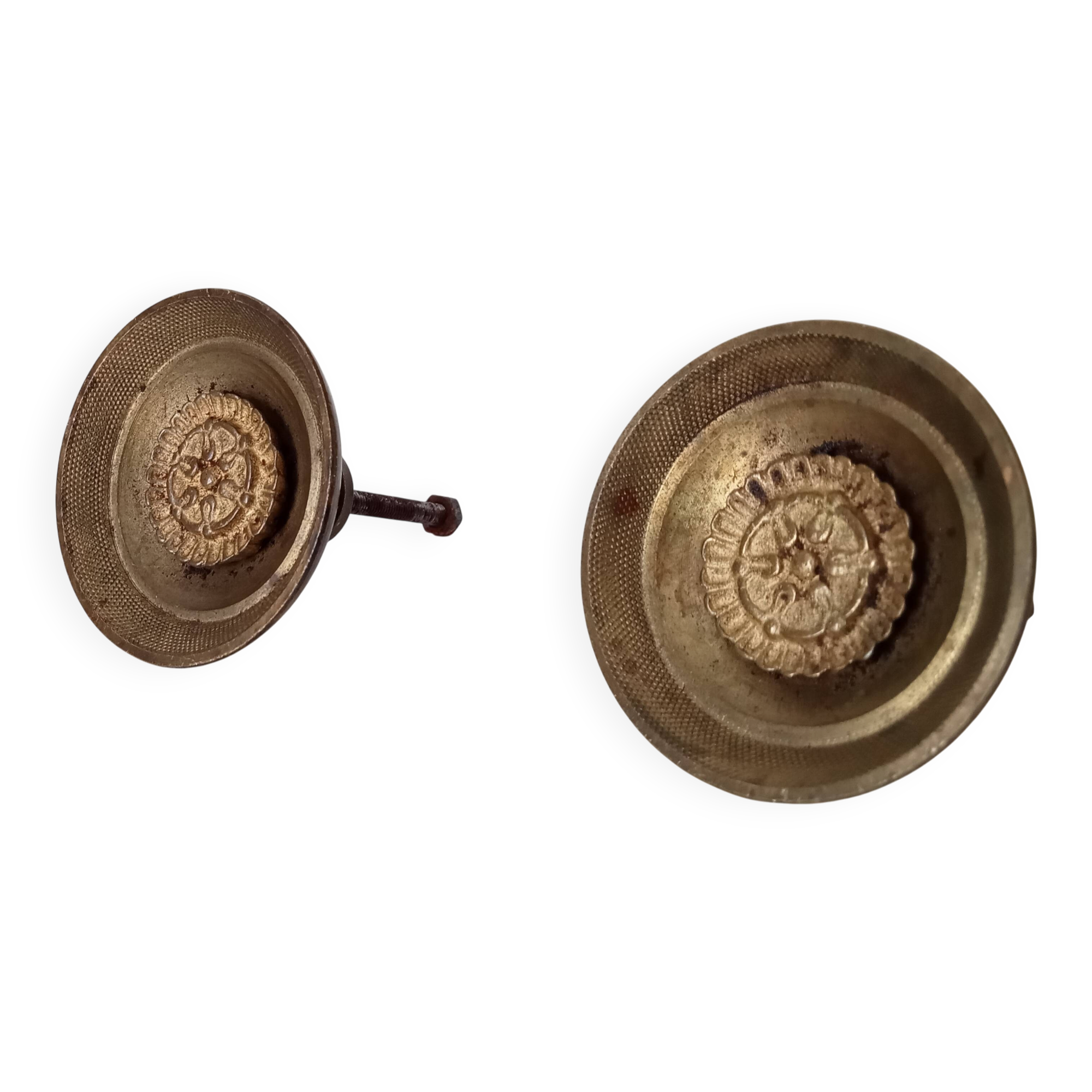 Pair of antique Empire furniture knobs from the 19th century in solid bronze.