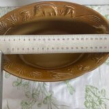 Old Oval Enameled Stoneware Dish with Wild Boar and Mushroom Hunting Motif