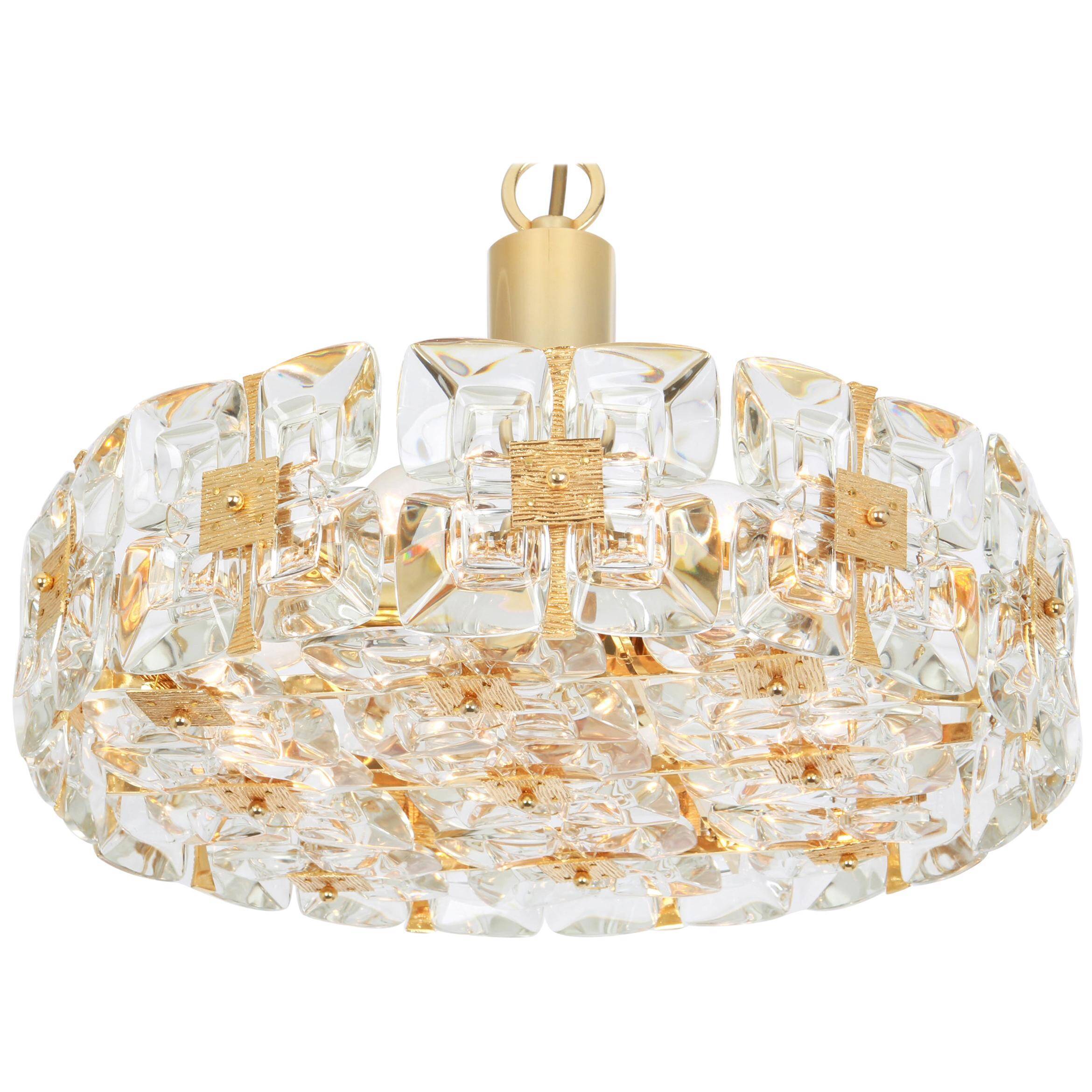 Golden brass and crystal chandelier, Sciolari design by Palwa, Germany, 1970s.