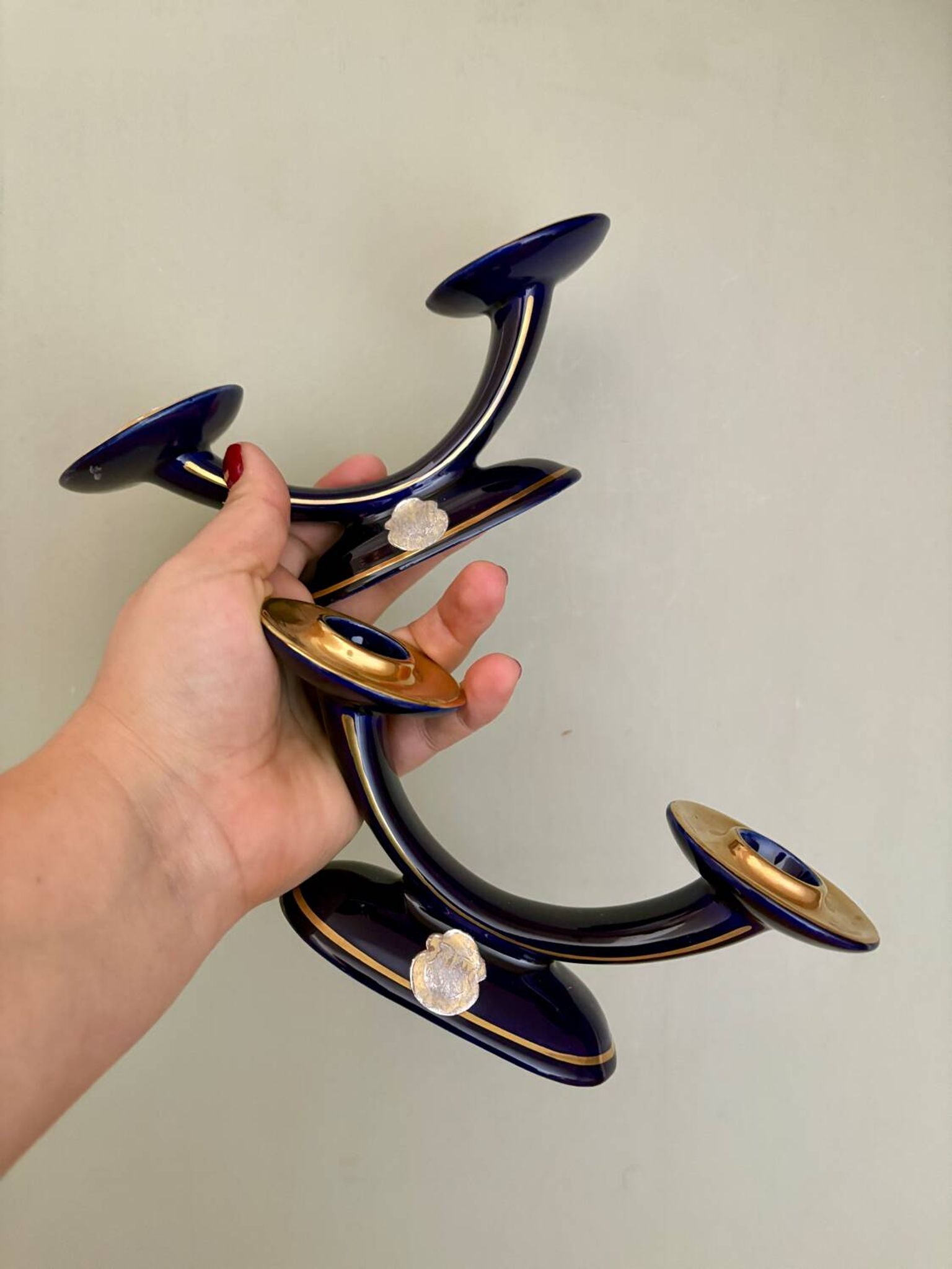 Set of 2 vintage blue and gold ceramic candle holders