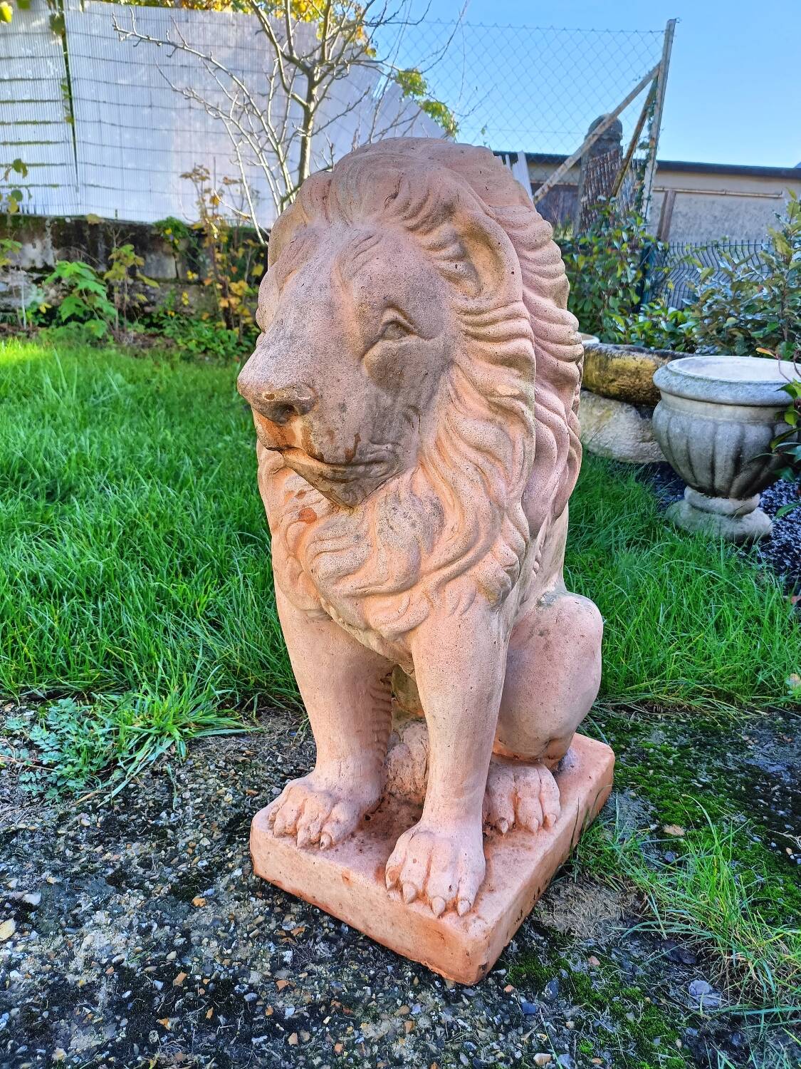 Pair of old terracotta garden lions
