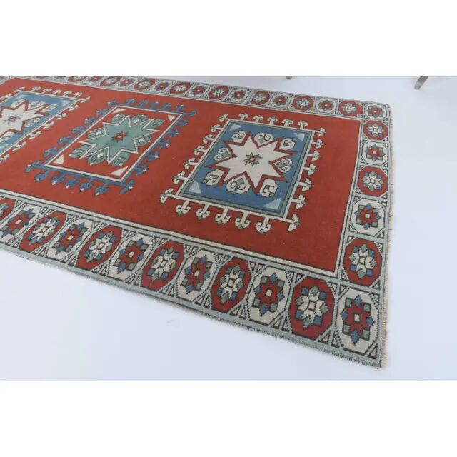Vintage Turkish Hand-Knotted Wool Cotton Red Runner 110x193