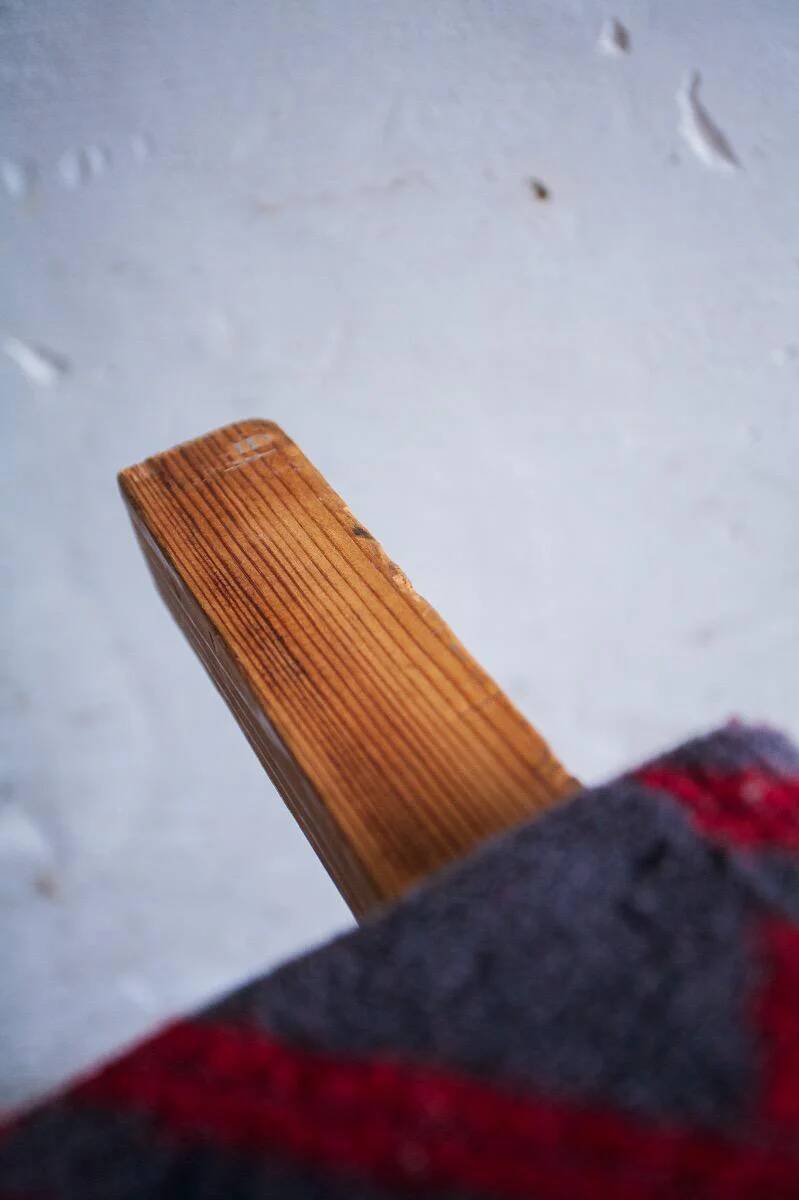 Large red and grey wool tartan upholstered bench with wooden frame