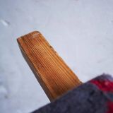 Large red and grey wool tartan upholstered bench with wooden frame