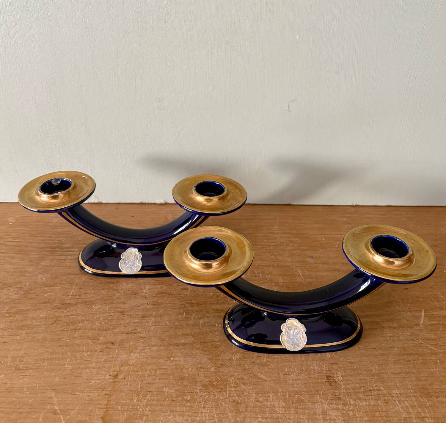 Set of 2 vintage blue and gold ceramic candle holders