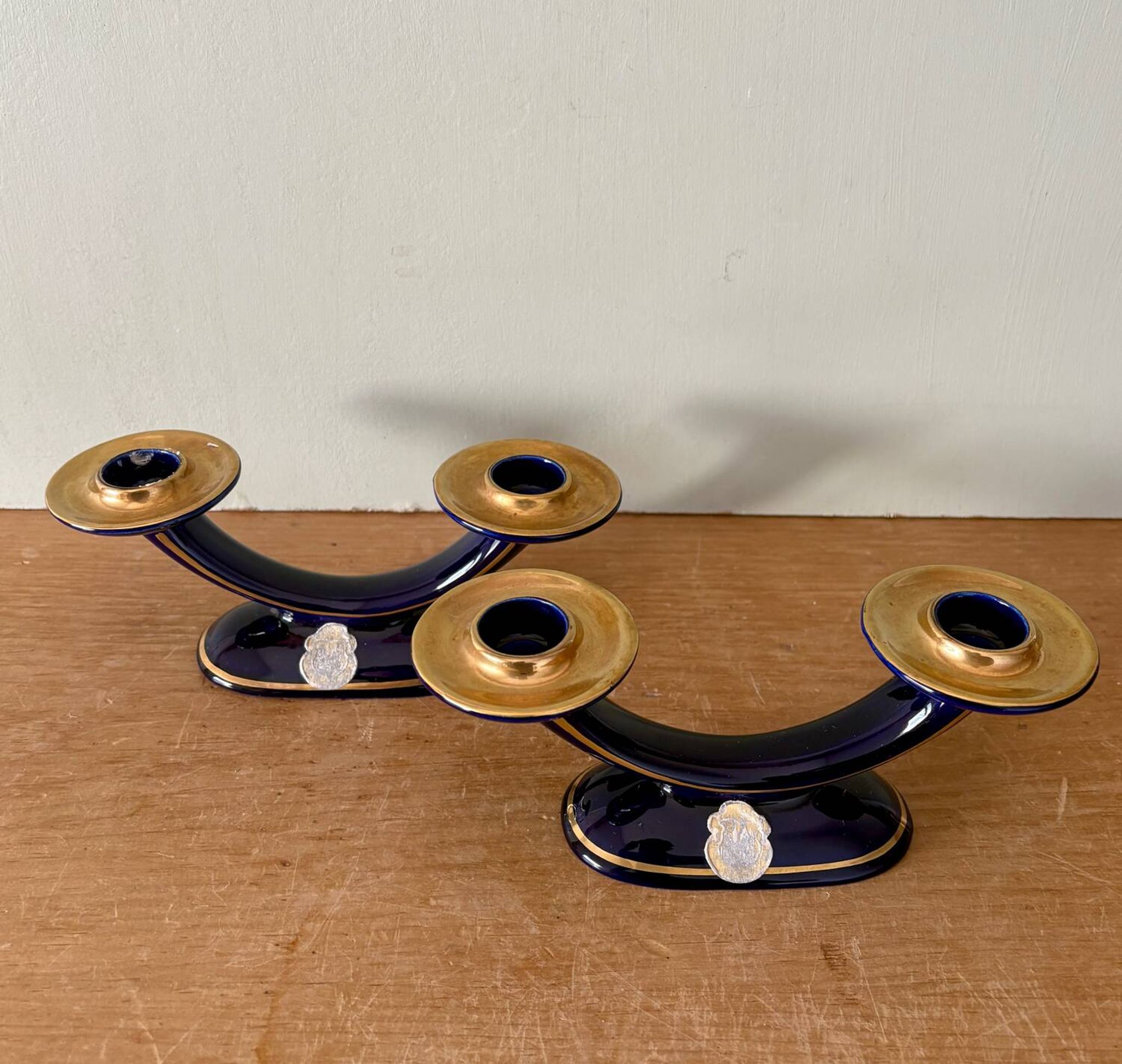 Set of 2 vintage blue and gold ceramic candle holders