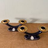 Set of 2 vintage blue and gold ceramic candle holders