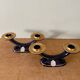 Set of 2 vintage blue and gold ceramic candle holders
