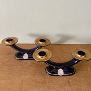 Set of 2 vintage blue and gold ceramic candle holders