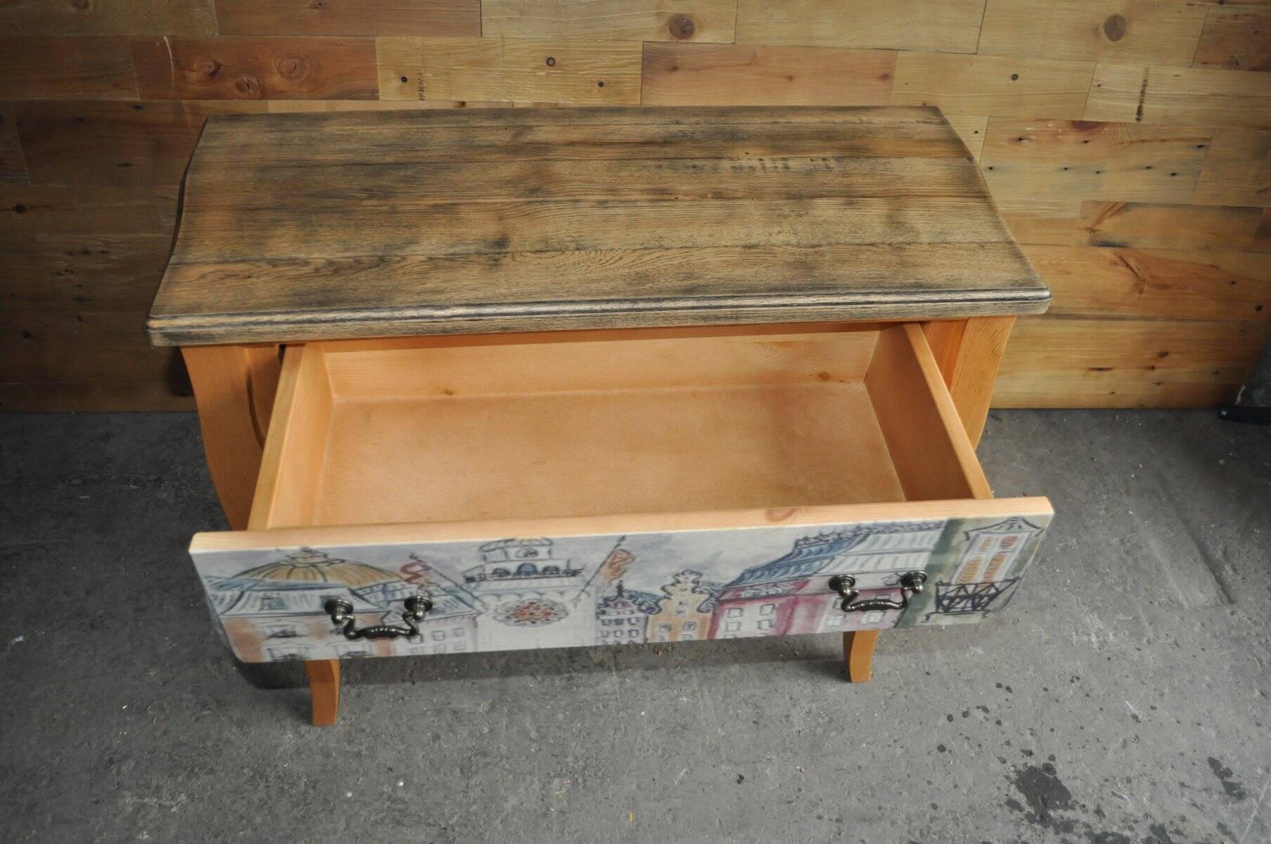 Baroque commode in multicoloured painted wood and black patinated oak with a photo of 'Paris'