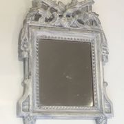 Louis XVI Style Mirror in Carved Wood with Grey Patina and Dove Pediment